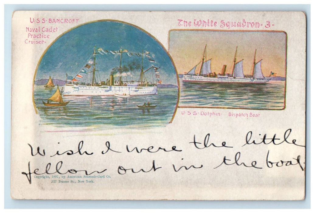 1905 Steamships USS Bancroft USS Dolphin, White Squadron 3 NY Postcard