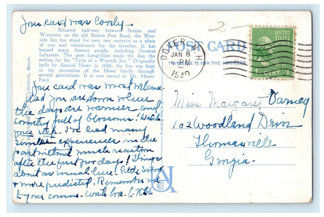 1940 Longfellows Wayside Inn, South Sudbury Massachusetts MA Postcard