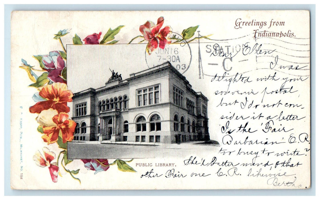 1903 Public Library, Greetings from Indianapolis IN PMC Posted Postcard