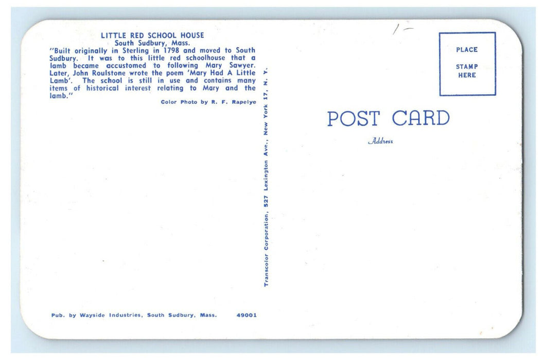 c1960s Little Red School House South Sudbury Massachusetts MA Postcard