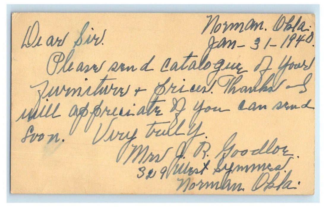 1940 Norman Oklahoma OK, Furniture Catalog Advertising Tiskilwa IL Postcard