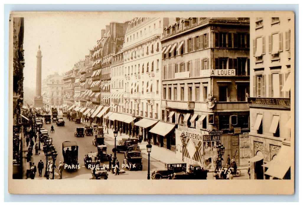 c1920's View Of Paris Rue De La Paix Cars France RPPC Photo Vintage Postcard