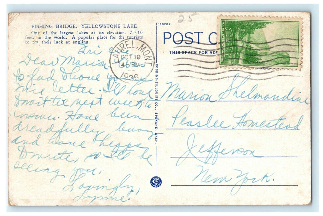 1936 Fishing Bridge Yellowstone Lake Outlet Stamp Park National Laurel Postcard