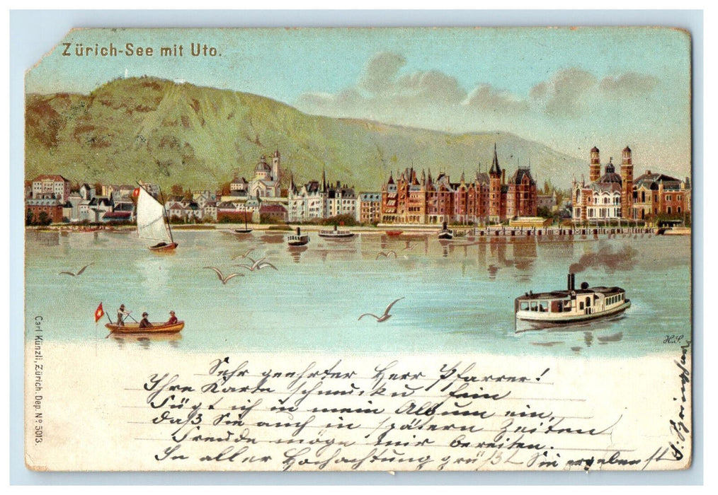 1899 View of Boat and Steamboat, Zurich See mit Uto Switzerland Antique Postcard