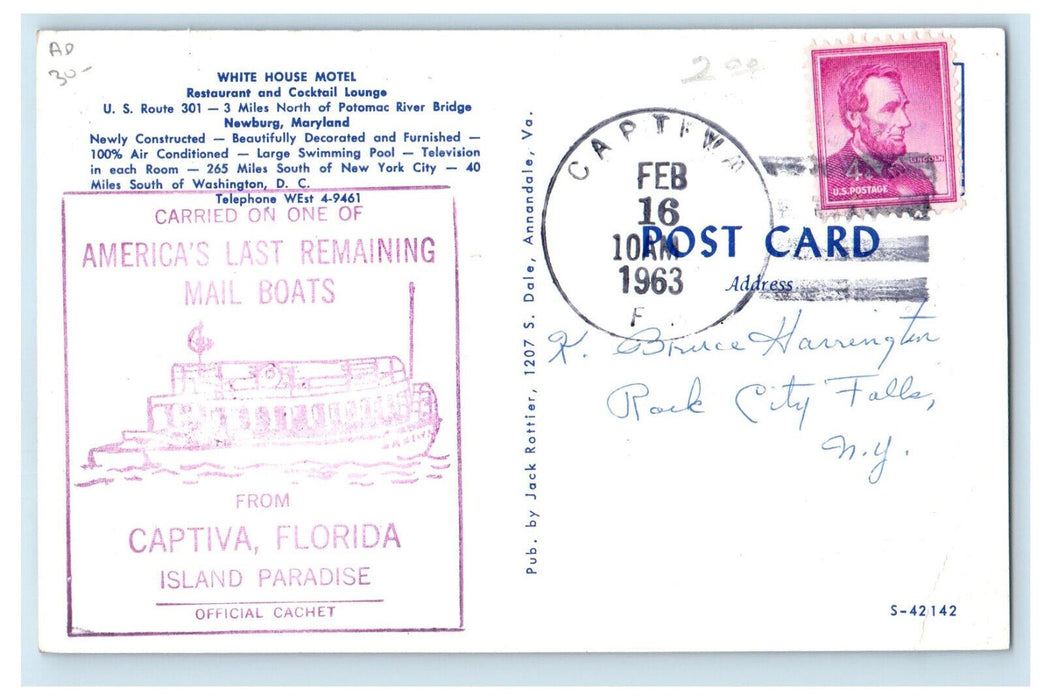 1963 White House Motel, Restaurant Advertising Captiva Florida FL Postcard