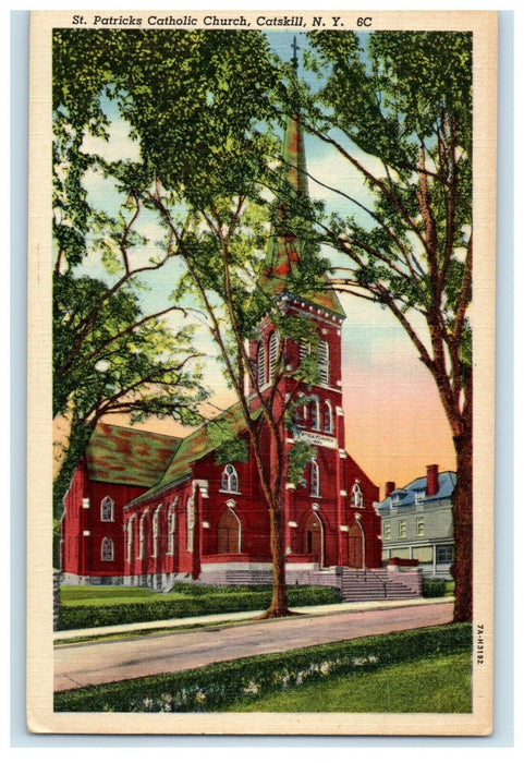 c1930's Catskill New York NY, St. Patricks Church Street View Vintage Postcard