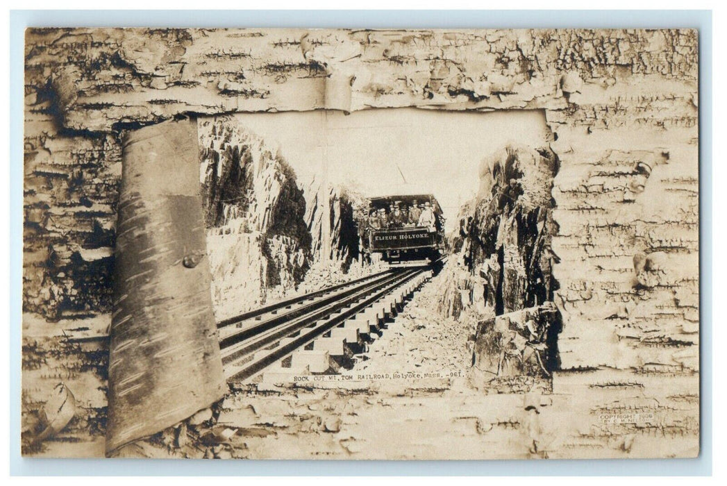 c1905 Rock Cut, Mt. Tom Railroad, Holyoke Birch Border MA RPPC Photo Postcard