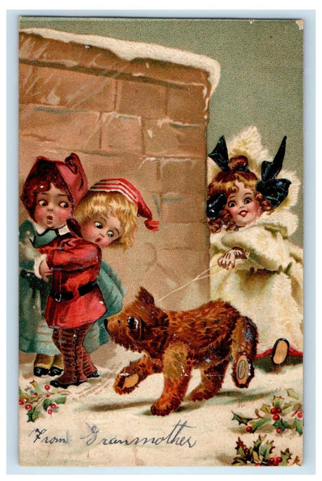 Christmas Mother Poodle Dog Present Holly Clapsaddle (?) Embossed Postcard