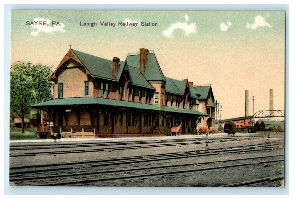 c1910 Lehigh Valley Railway Train Station Sayre Pennsylvania PA Antique Postcard