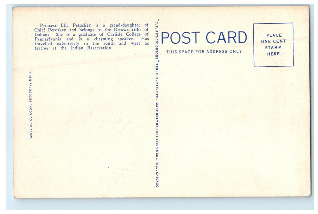 c1930s Princess Ella Petosky, Ottawa Tribe of Indians Unposted Postcard