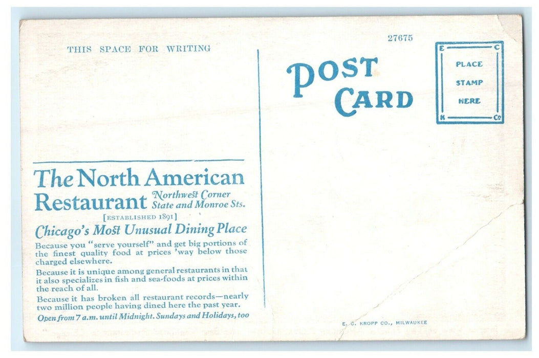 c1930's Interior View Of North American Restaurant In Chicago IL Postcard