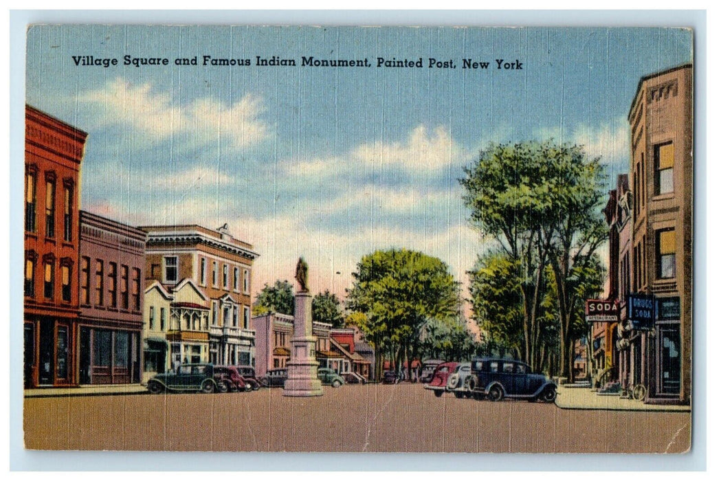 c1940's Village Square Famous Indian Monument Painted Post New York NY Postcard