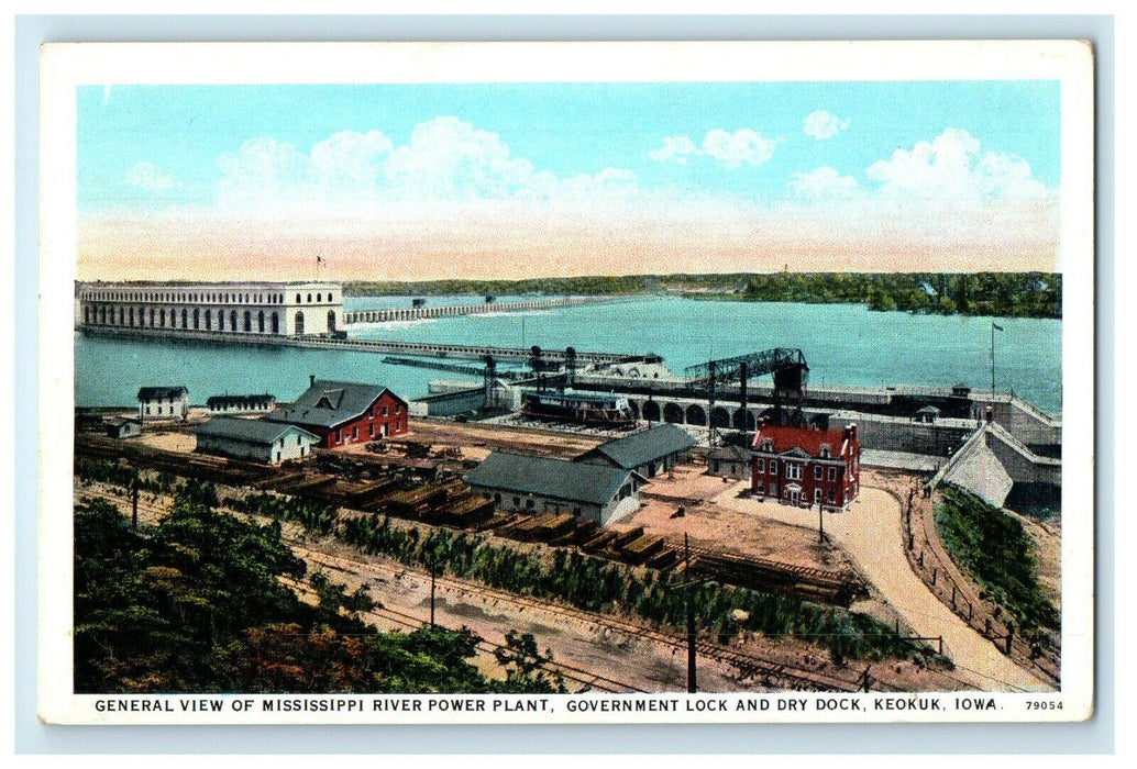 c1920's General View Mississippi River Power Plant Dry Dock Keokuk IA Postcard