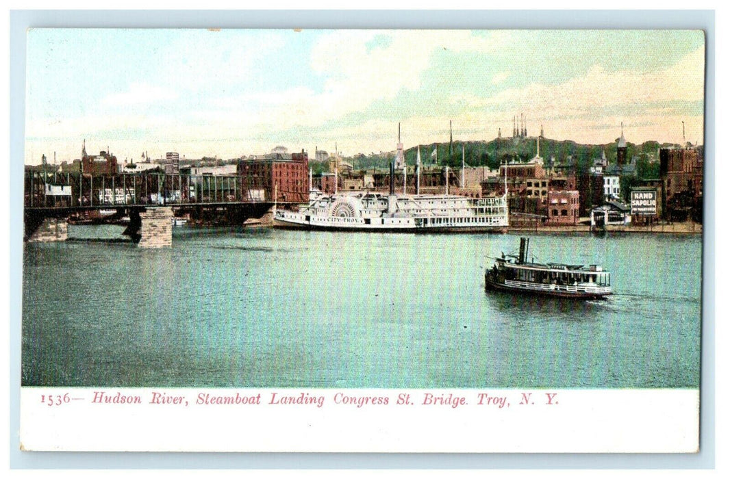 c1905 Hudson River Steamboat Landing Congress St. Bridge Troy NY Postcard