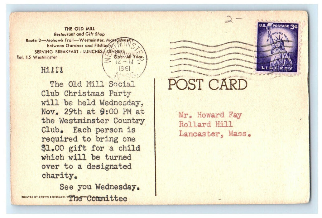 1961 The Old Mill Restaurant and Gift Shop Westminster Massachusetts MA Postcard