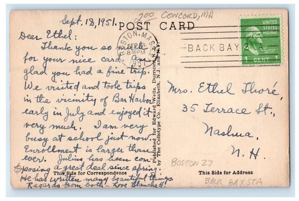 1951 Sentinel Pines At The Battle Ground Concord Massachusetts MA Postcard