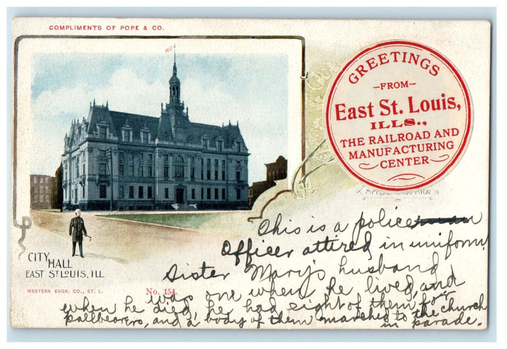 c1900s City Hall, Greetings from East St. Louis Illinois IL PMC Postcard