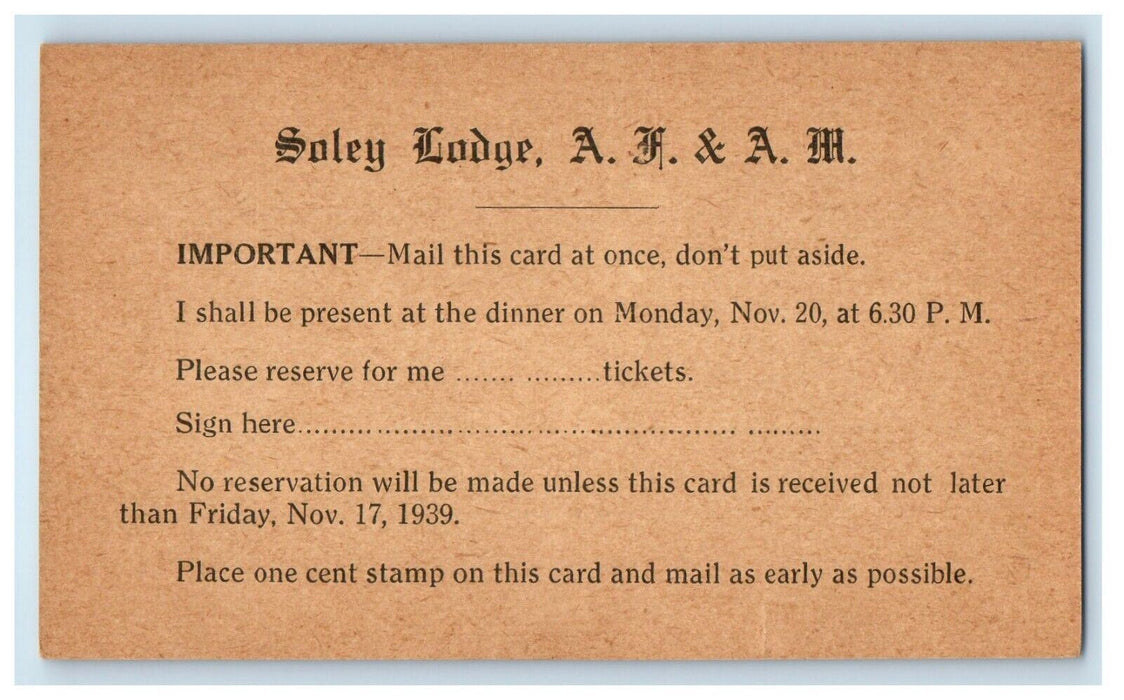 Soley Lodge A.F.A.M. Reservation Tickets Advertising West Medford MA Postcard