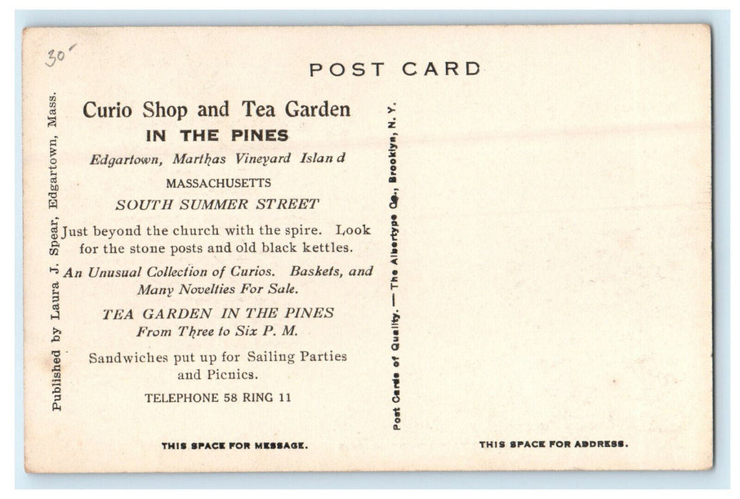 c1940 Curio Shop and Tea Garden in the Pines Edgartown MA Advertising Postcard
