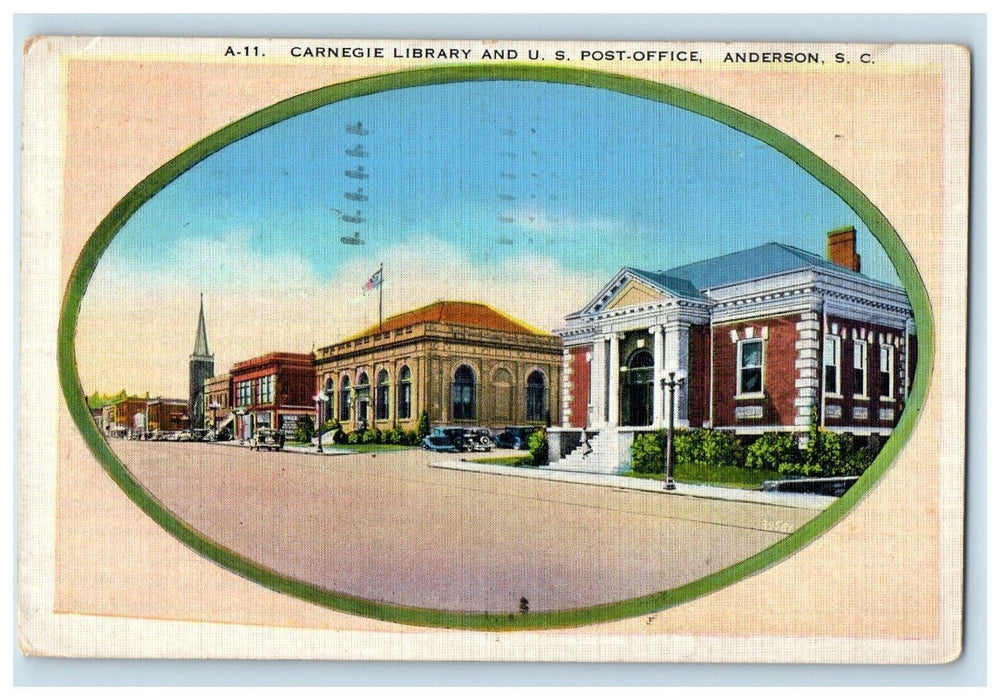 1938 Carnegie Library Post Office Anderson South Carolina SC Vintage Postcard