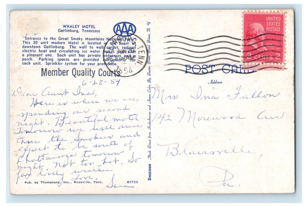 1954 Gatlinburg TN, Whaley Motel Entrance To Great Smoky Mountains Postcard