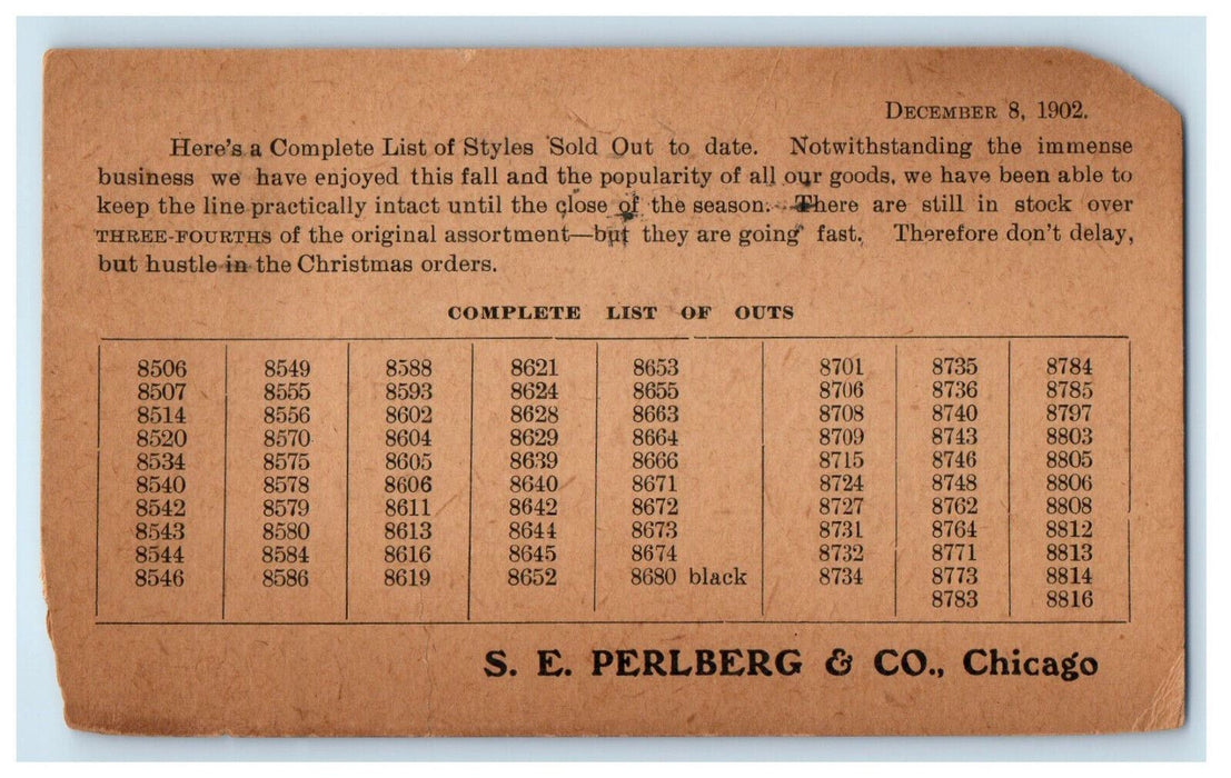 1902 S.E. Perlberg & Co. Chicago Illinois IL Posted Antique PMC Postcard