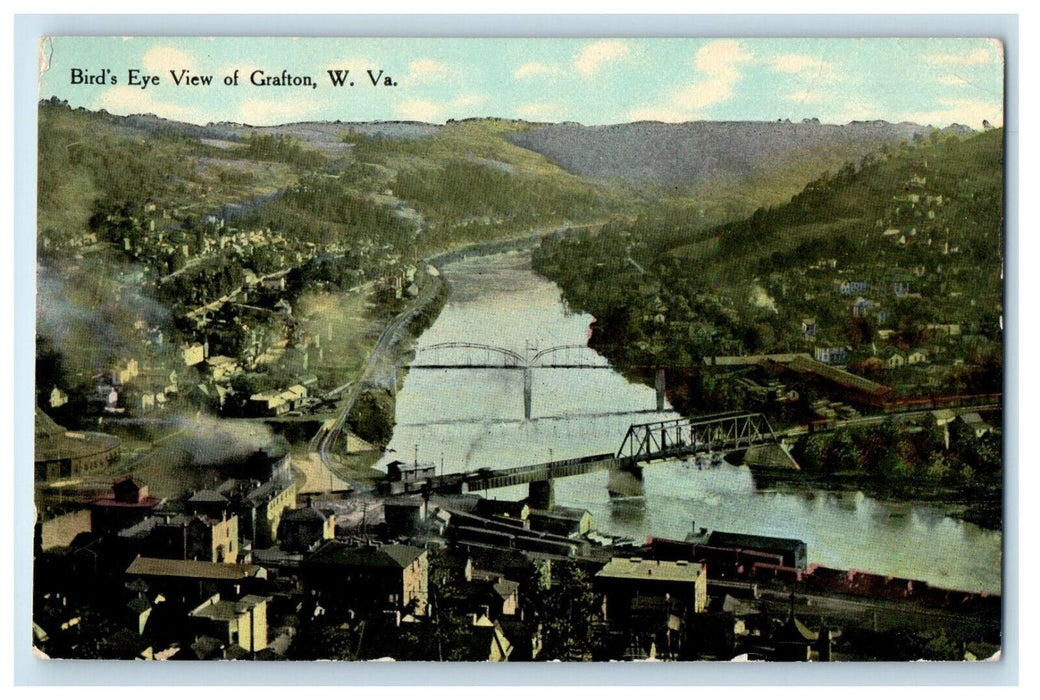 c1910 Bridge Scene, Bird's Eye View of Grafton West Virginia WV Postcard