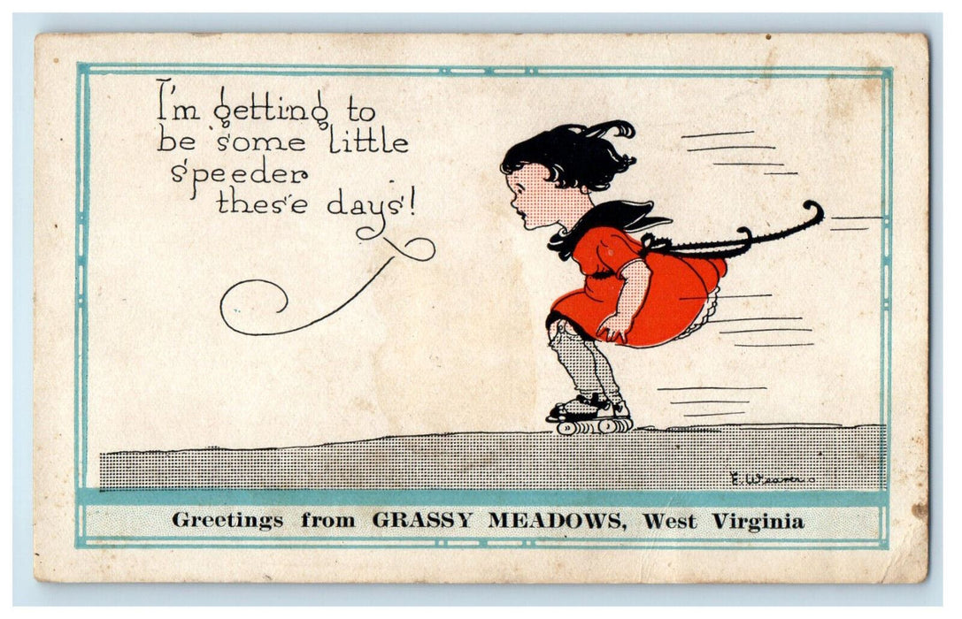 c1910 Girl with Skating Shoes, Greetings from Grassy Meadows WV Postcard