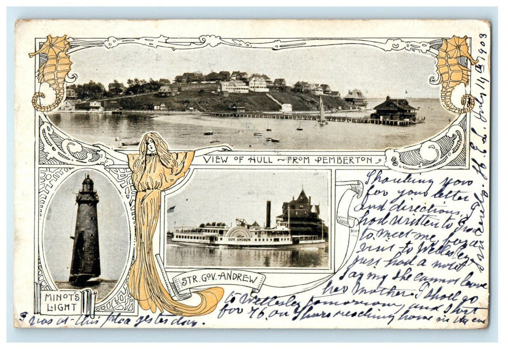 1903 View of Hull, Minots Light, Str. Gov Andrew Hull, MA Cancel Postcard