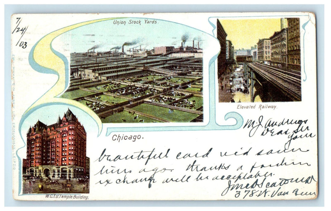 1903 WCTU Temple, Union Stock Yards, Elevated Railway Chicago IL Postcard