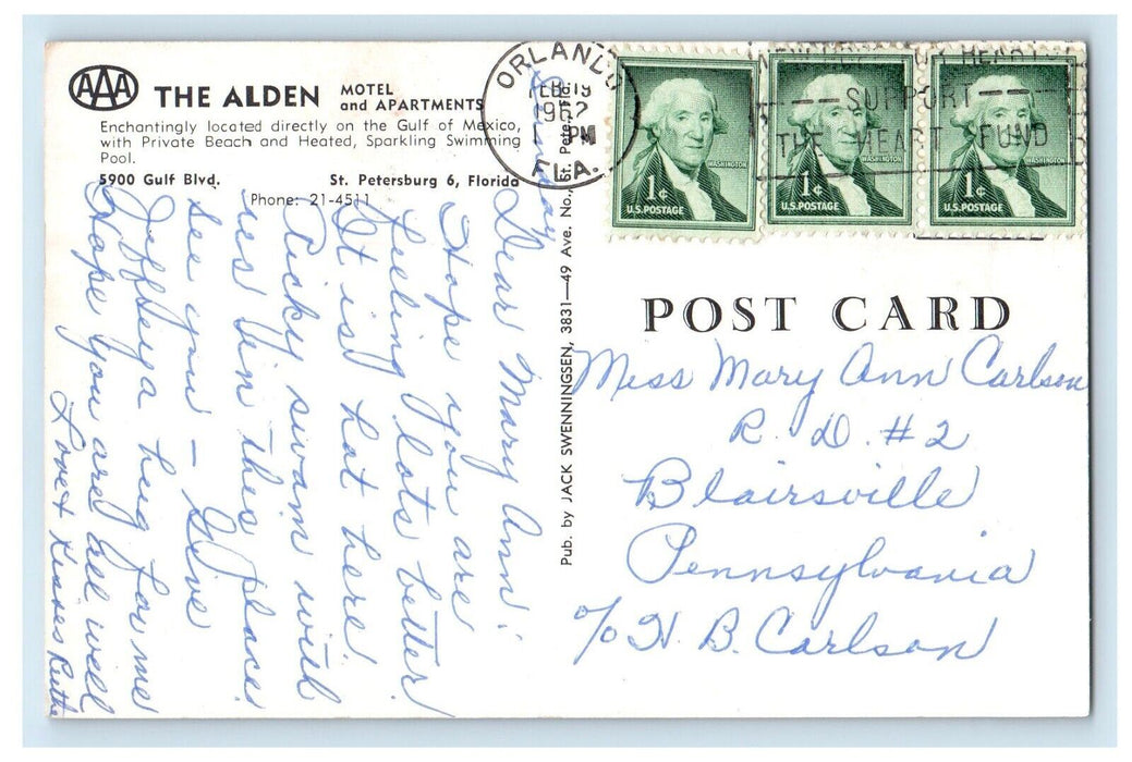 1962 The Alden Motel And Apartments Swimming Pool Orlando Florida FL Postcard