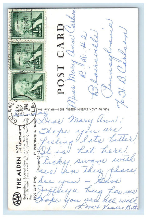 1962 The Alden Motel And Apartments Swimming Pool Orlando Florida FL Postcard