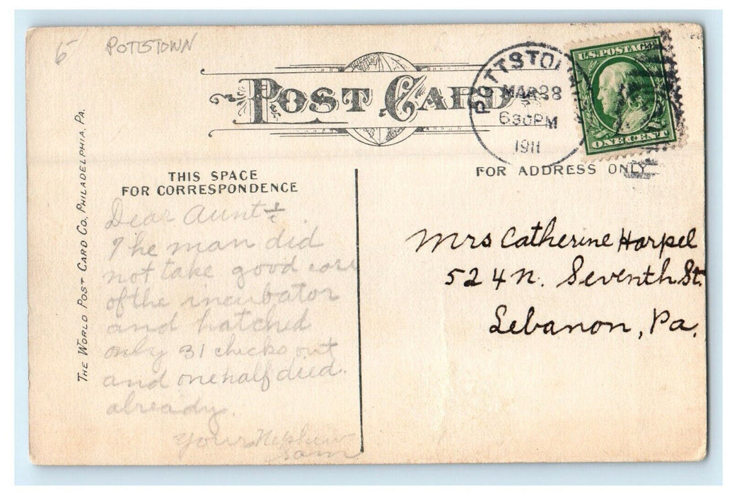 1911 Trinity Reformed Church Pottstown Pennsylvania PA Posted Antique Postcard