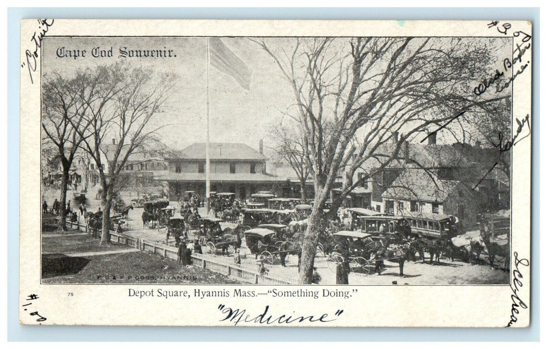 c1900s Horse Carriages, Depot Square, Hyannis Massachusetts MA Postcard