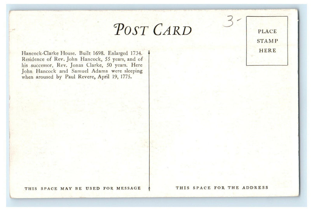 c1920s Hancock-Clarke House, Lexington Massachusetts MA Unposted Postcard