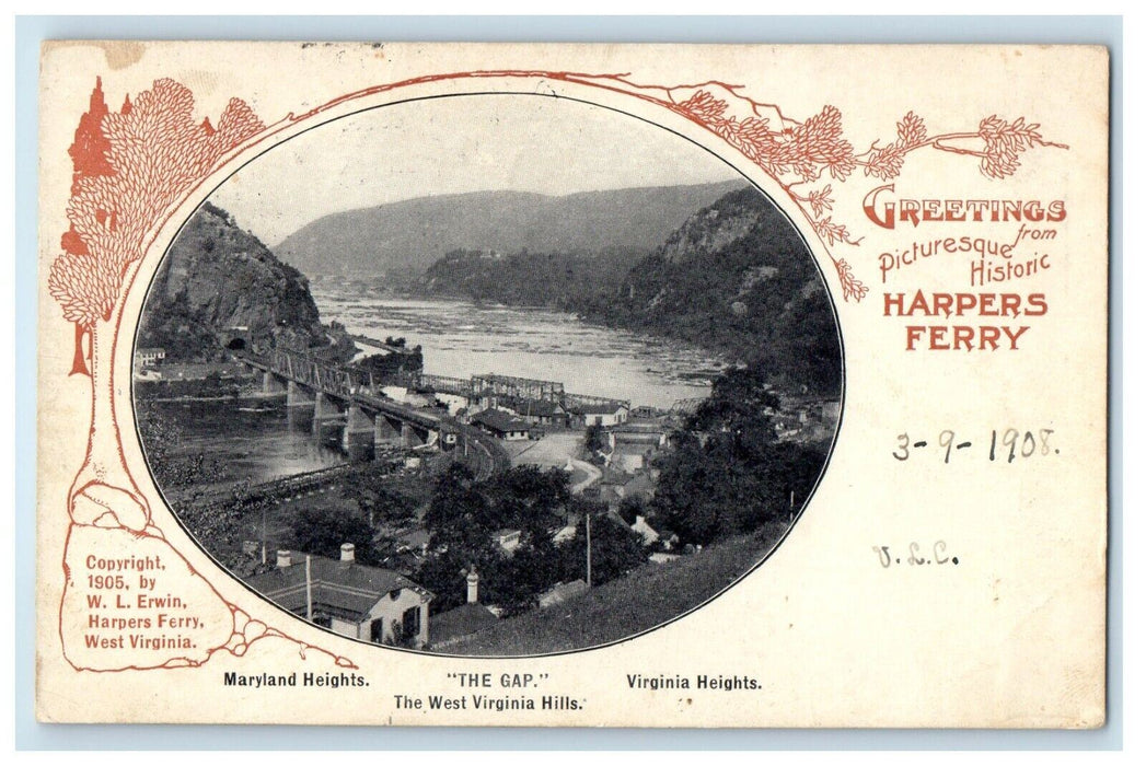 1908 Greetings Harpers Ferry WV, The Gap West Virginia Hills Antique Postcard