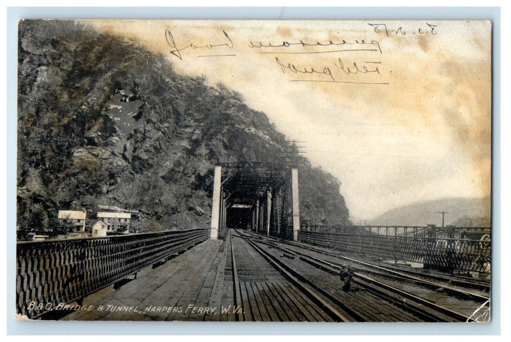 1908 B & O Bridge And Tunnel Harpers Ferry West Virginia WV Antique Postcard