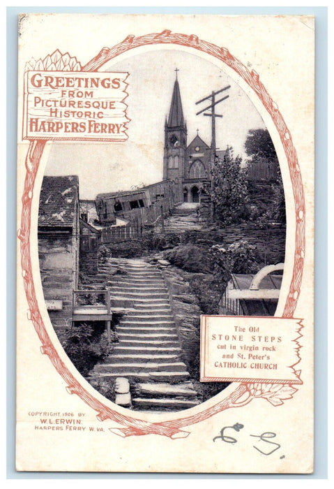 1907 Greetings From Harpers Ferry WV, Old Stone Steps St. Peter Church Postcard