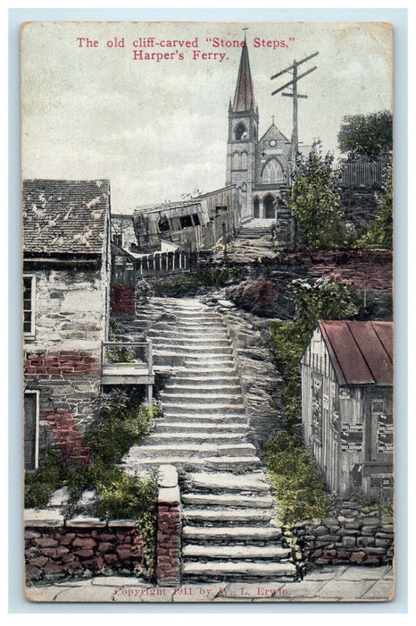 1912 The Old Cliff Carved Stone Steps Harpers Ferry West Virginia WV Postcard