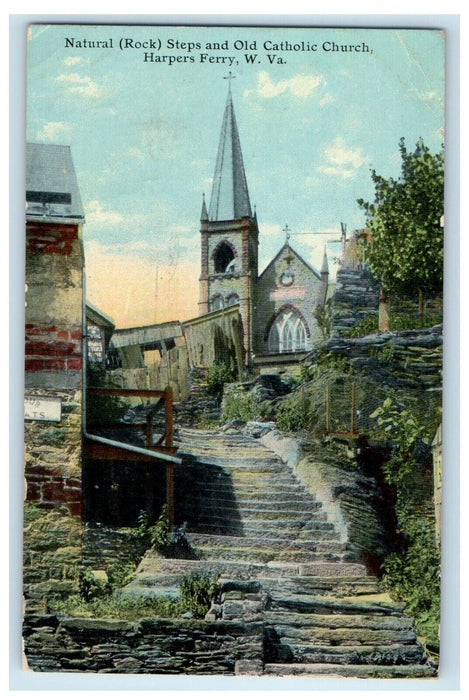 1911 Natural Rock Steps And Old Catholic Church Harpers Ferry WV Postcard