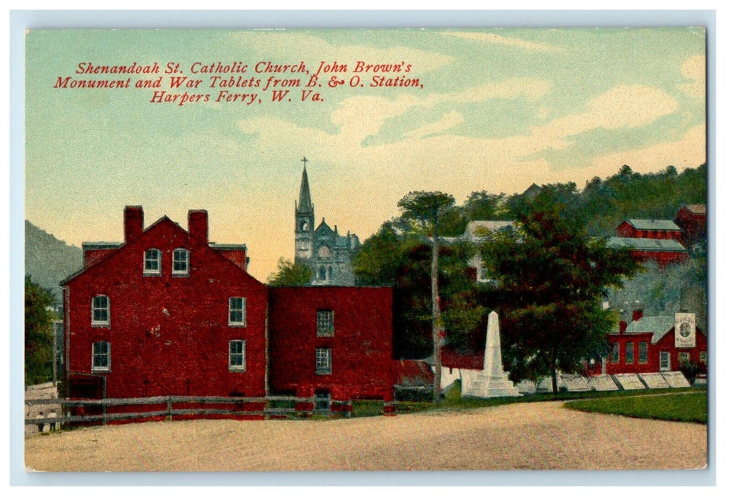 Harpers Ferry WV, Shenandoah Catholic Church John's Brown's Monument Postcard