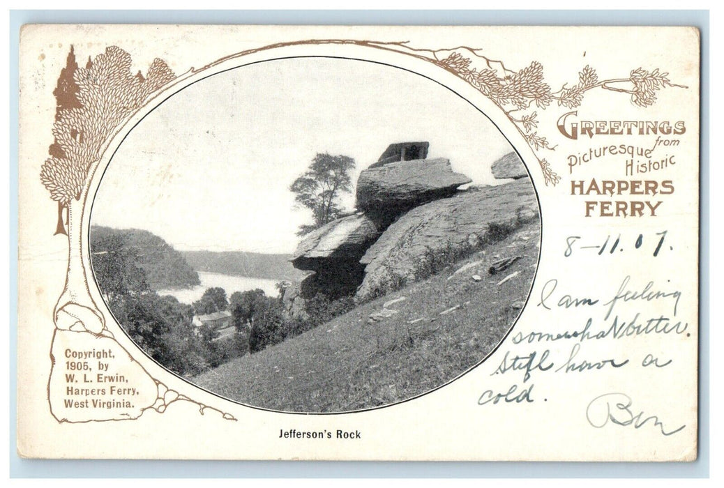 1907 Greetings Harpers Ferry WV, View Of Jefferson Rock Posted Antique Postcard