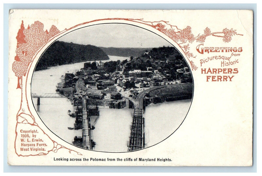 1910 Greetings From Harpers Ferry WV,  Looking Across Potomac River Postcard