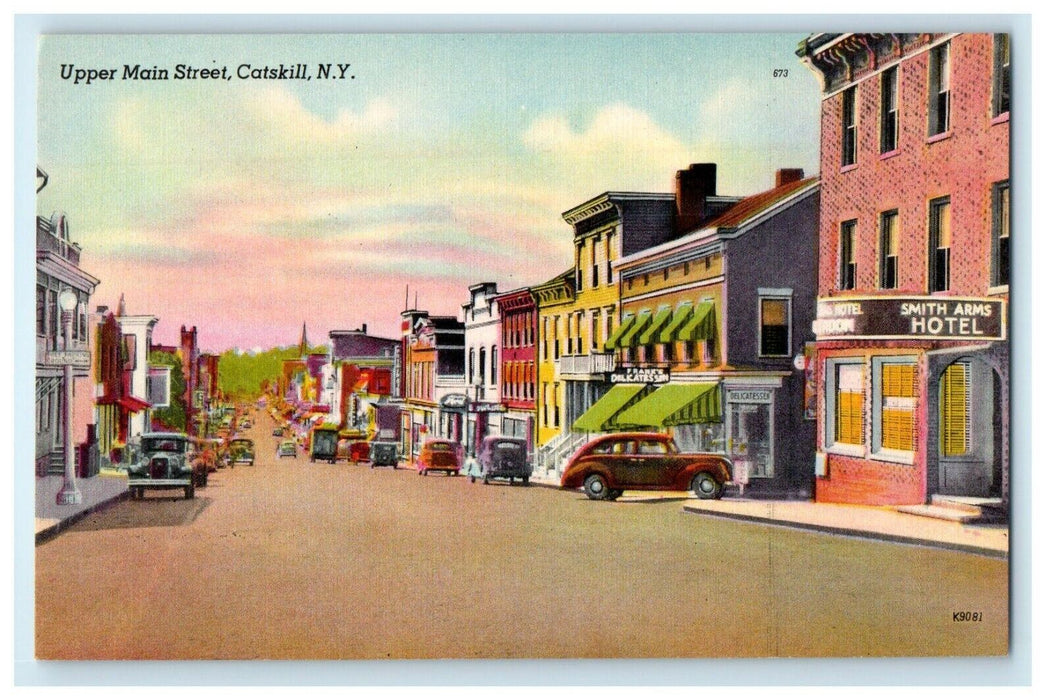 c1930's Upper Main Street View Cars Store Front Catskill New York NY Postcard