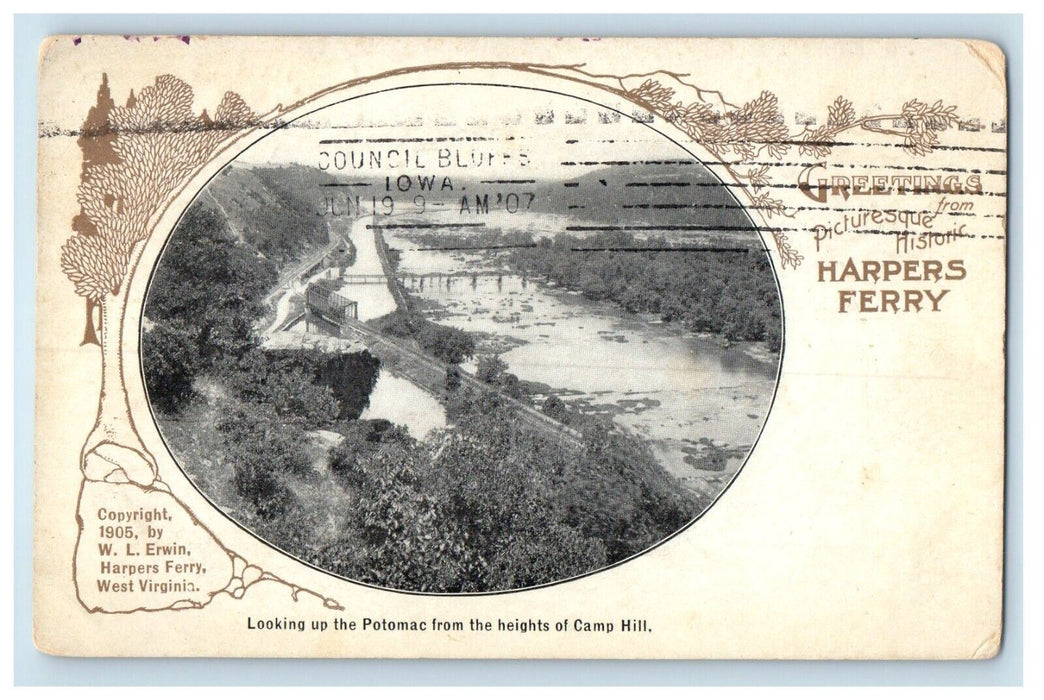 1907 Looking Potomac From Heights Camp Hill, Greetings Harpers Ferry WV Postcard