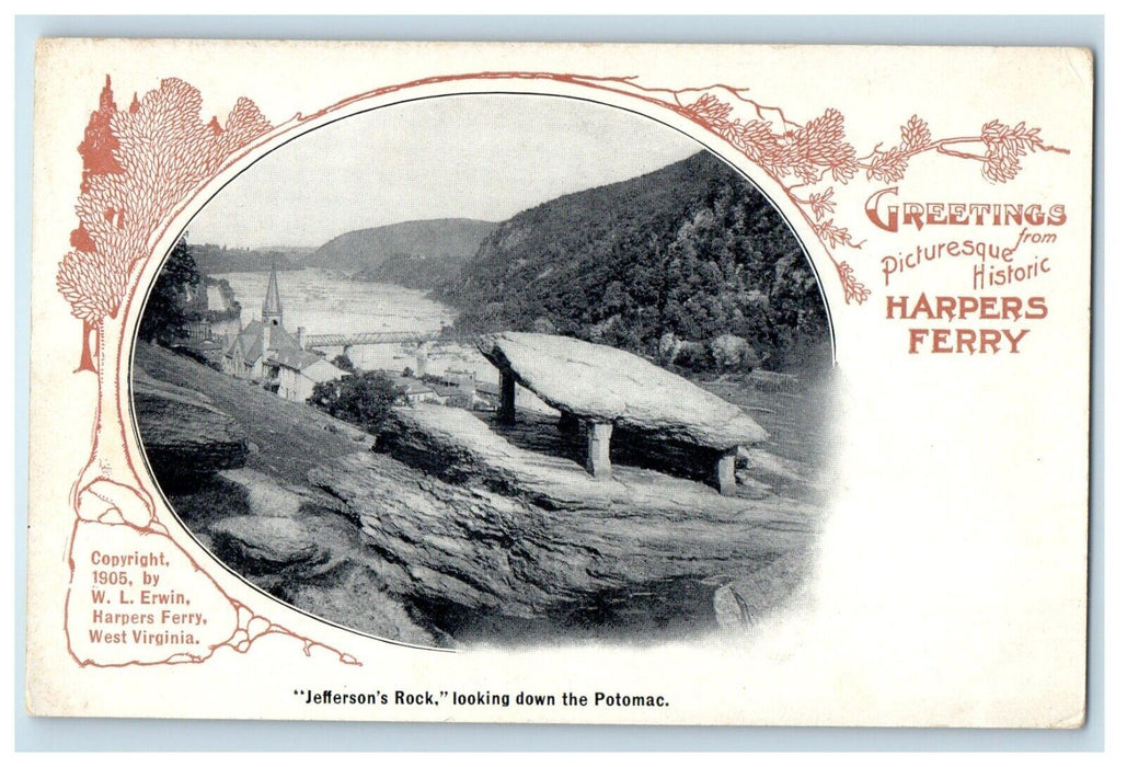 c1905 Jefferson Rock Looking Down Potomac, Greetings Harpers Ferry WV Postcard