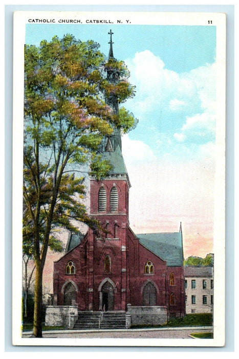 c1920's View Of Catholic Church Street View Catskill New York NY Postcard