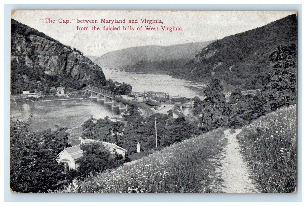 c1910's Harpers Ferry WV, Gap Between Maryland Virginia Daisied Hills Postcard