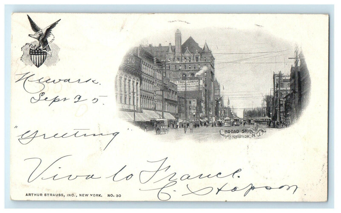 1903 Broad Street View Building Trolley Trains Newark New Jersey NJ Postcard