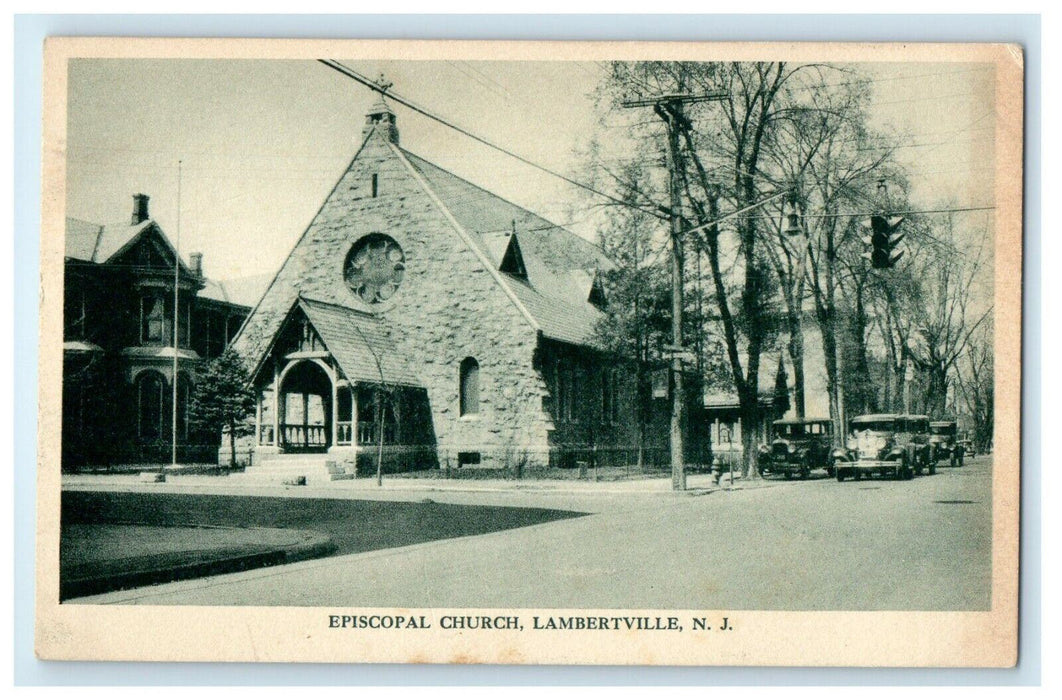 c1930's Episcopal Church Street Scene Lambertville New Jersey NJ Postcard
